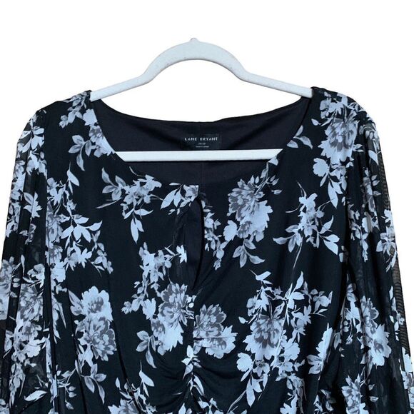 Lane Bryant Plus Size 26 28 Multicolor Floral Print Mesh Overlay Ruched Blouse - Picture 2 of 8